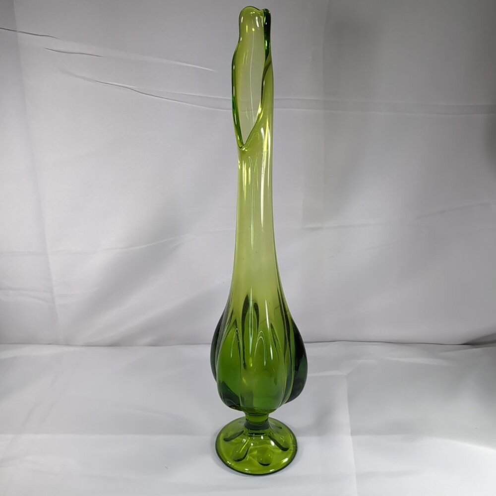Vintage MCM Viking Glass Green Swung Vase Avocado 20" Finer Petal Pedestal RARE